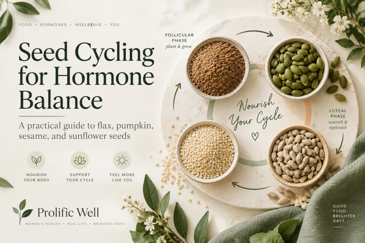 Seed cycling blog feature image showing bowls of flax, pumpkin, sesame, and sunflower seeds arranged in a circular menstrual-cycle pattern with the title “Seed Cycling for Hormone Balance” and subtitle “A practical guide to flax, pumpkin, sesame, and sunflower seeds.”