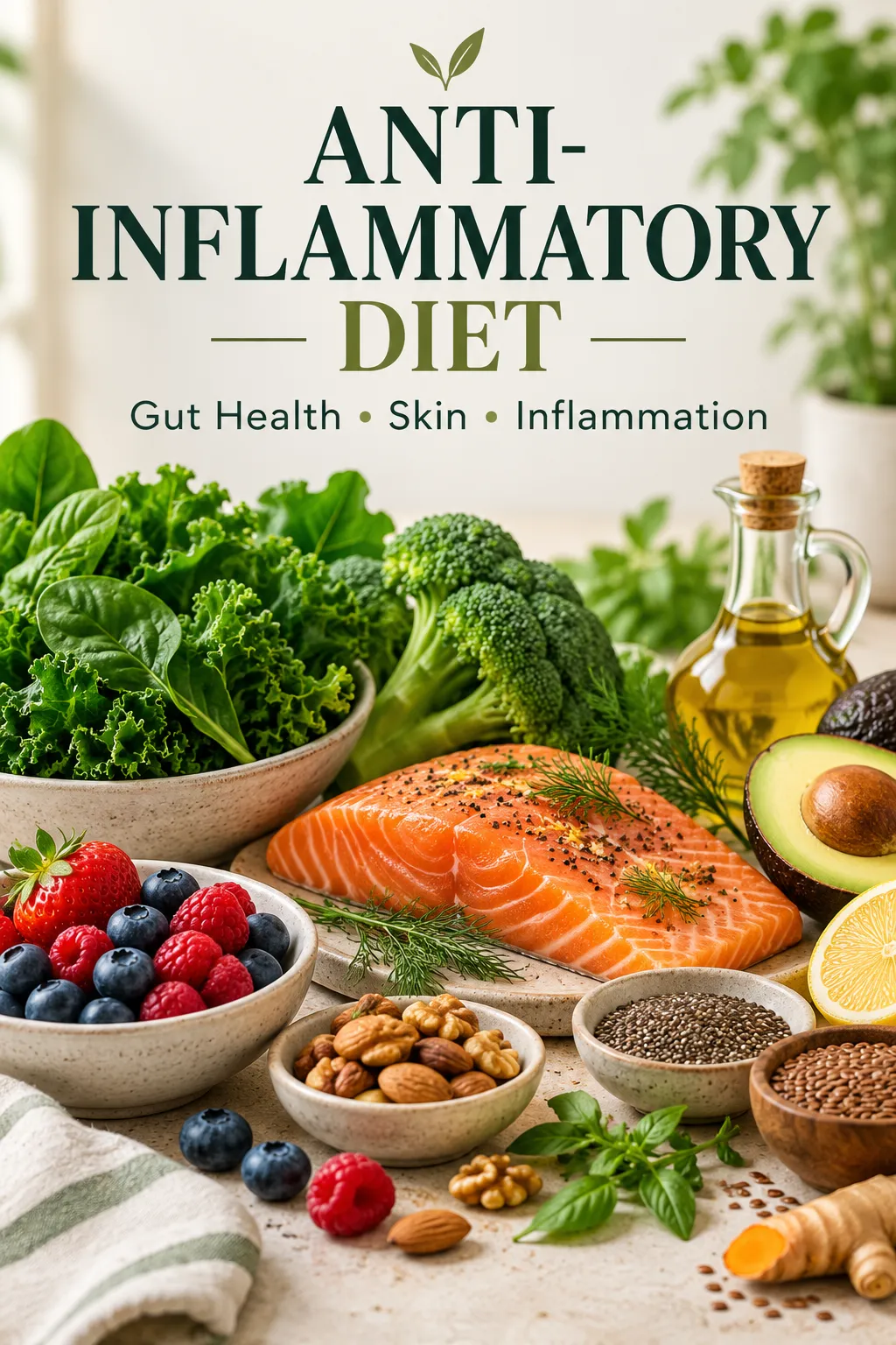 Anti-inflammatory whole foods including salmon, leafy greens, berries, avocado, cruciferous vegetables, olive oil, herbs, nuts, and seeds for gut health, skin health, and inflammation support.