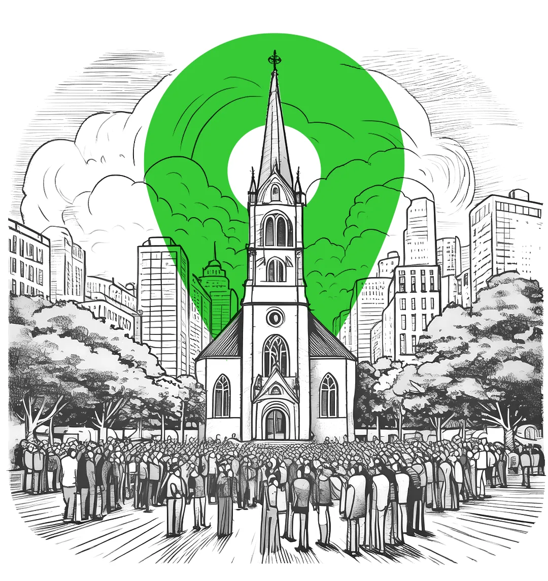 Crowd gathering around a church in an urban setting, symbolizing community engagement and outreach for churches, with a green location marker in the background.