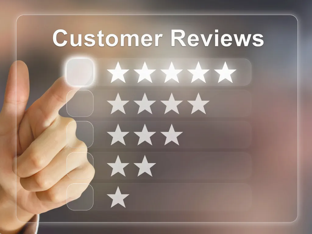 Hand selecting a five-star rating on a digital customer reviews interface, representing online reputation and feedback.