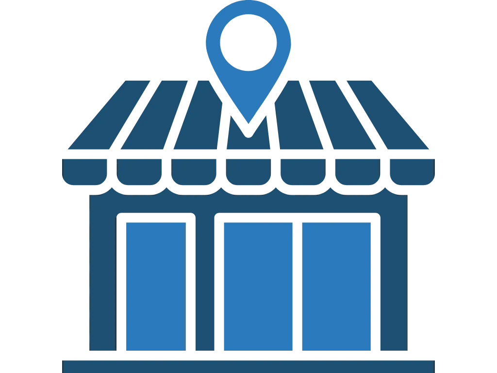 “Local storefront icon with location pin symbolizing local SEO and online business presence management.