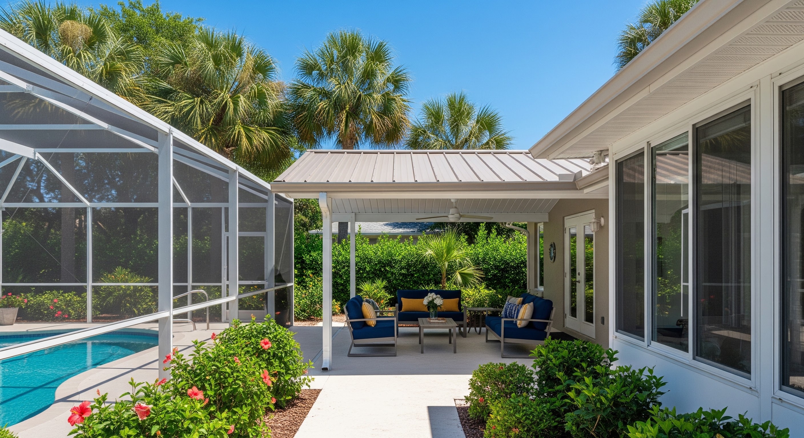Three adjoining views of a Fort Walton Beach backyard showing a screened pool enclosure, an open patio cover, and a screen room, illustrating three aluminum structure options.