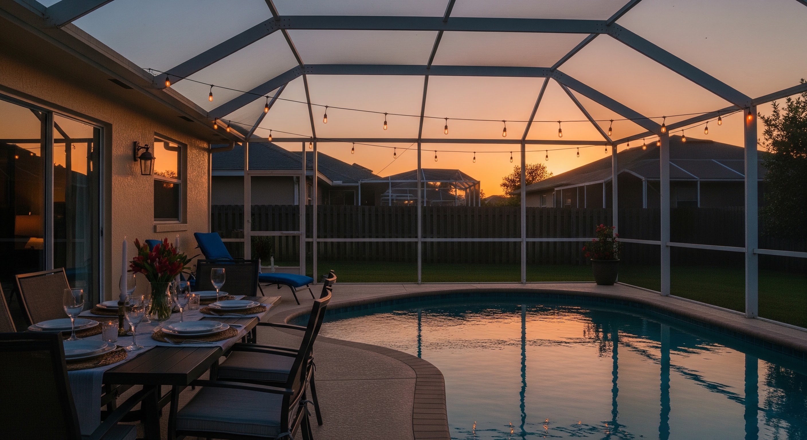 A Northwest Florida backyard with a screened pool enclosure at golden hour on Labor Day, no people visible, warm and quiet.