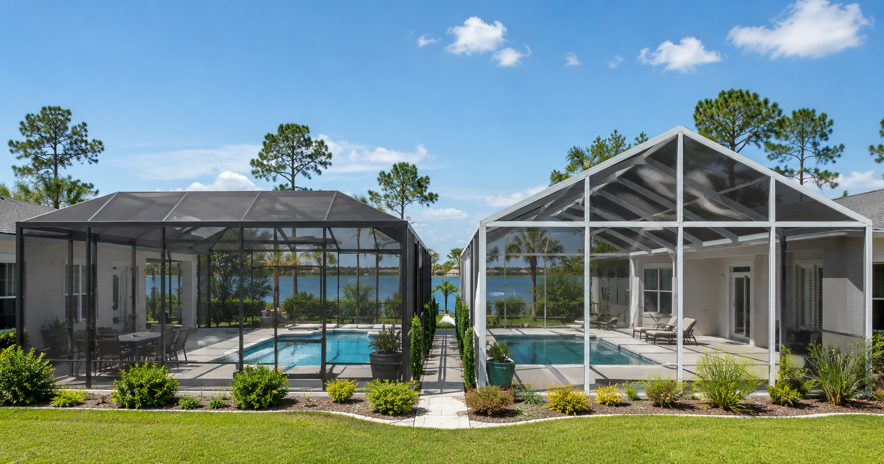 Comparison of pool enclosure roof profiles -- mansard, gable, and custom -- on Northwest Florida homes.