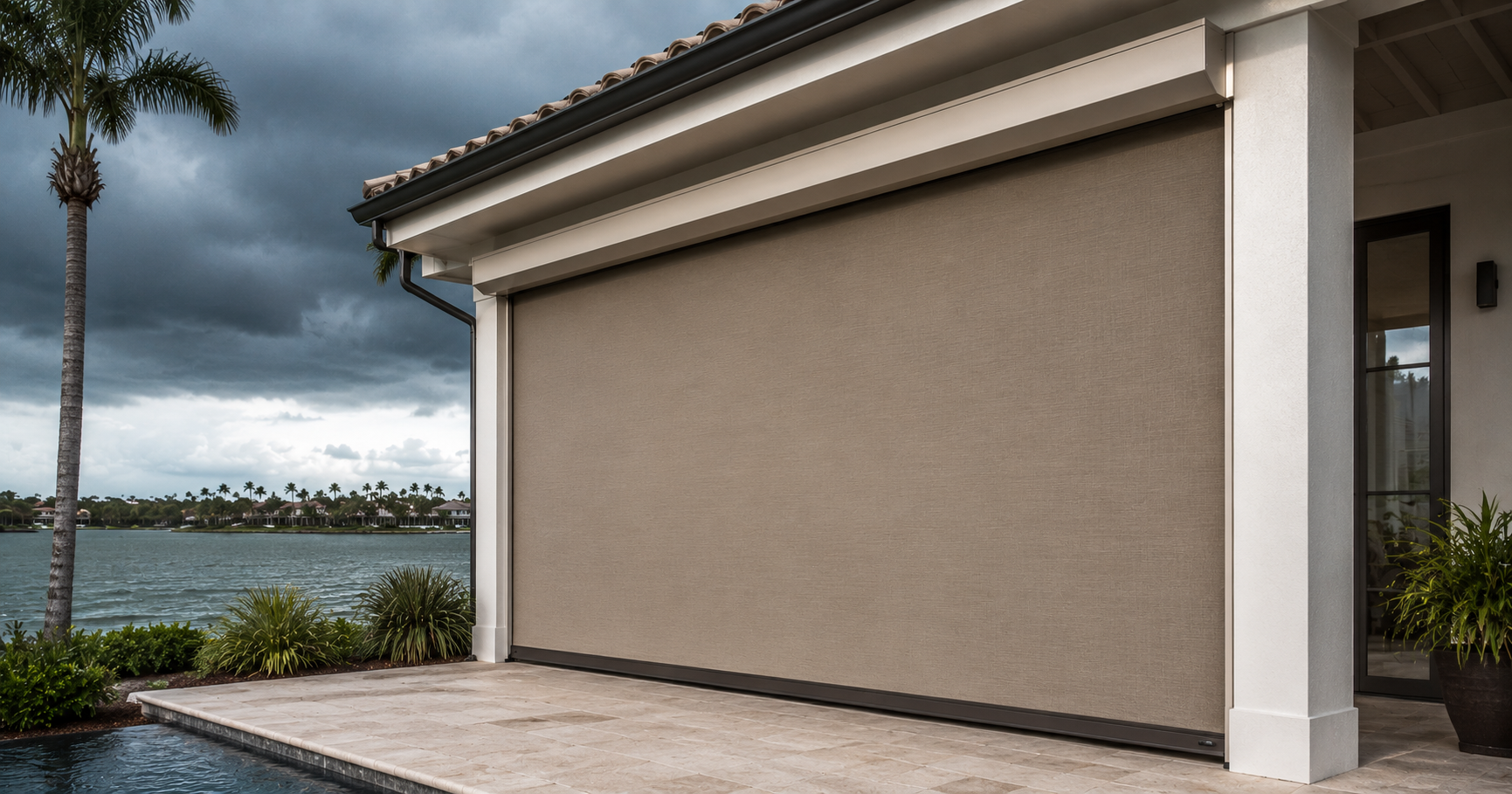 Fenetex MaxForce motorized hurricane screen deployed over a Northwest Florida patio opening, illustrating opening protection relevant to wind mitigation insurance credits.