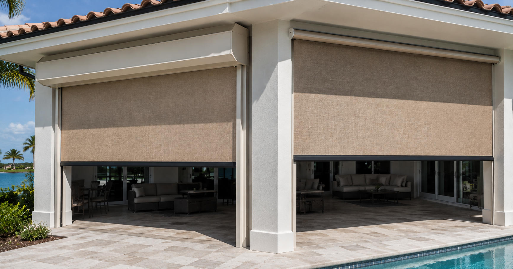 Side-by-side comparison of Fenetex MaxForce 185 MPH hurricane screen and standard Fenetex 150 MPH retractable screen on a Northwest Florida patio.