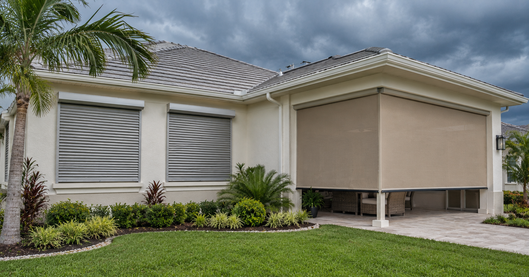 Northwest Florida home showing both a motorized hurricane screen on a patio opening and traditional shutters on windows, illustrating a complete storm protection plan.
