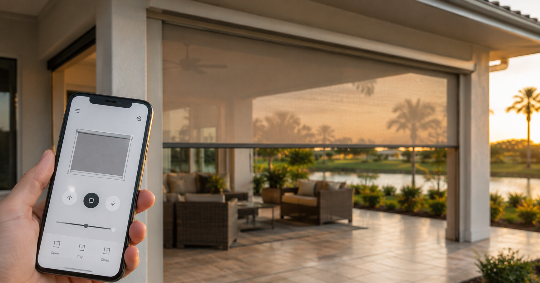 Smartphone app controlling a motorized Fenetex screen on a Northwest Florida patio, illustrating smart-home integration.