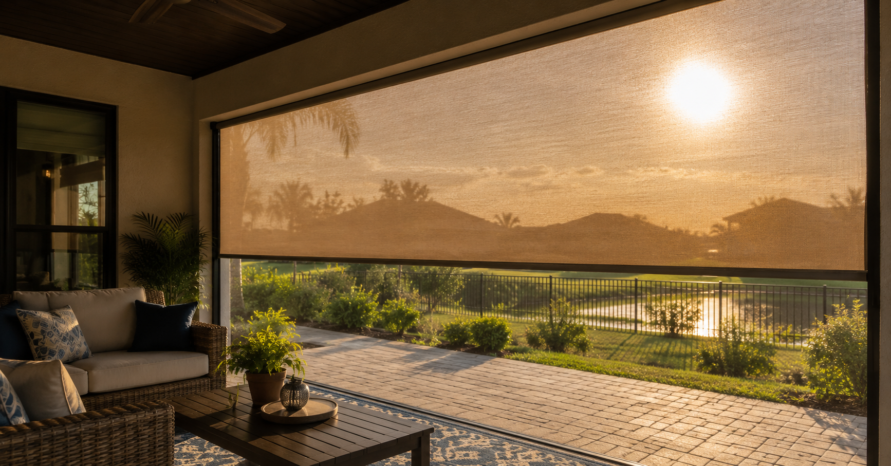 Solar screen fabric deployed on a west-facing Northwest Florida patio, illustrating heat and UV reduction.