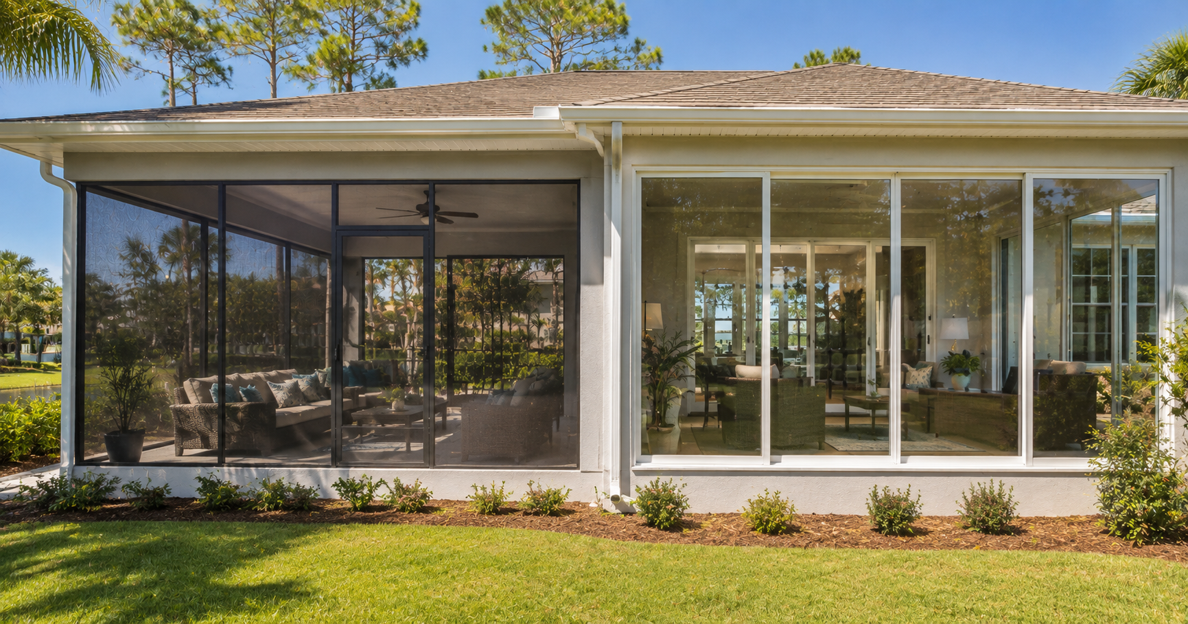 Side-by-side comparison of a screened porch and a fully conditioned sunroom on a Northwest Florida home.
