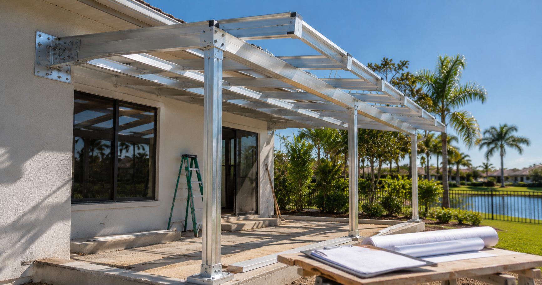 Aluminum patio cover under construction in Okaloosa County, Florida, illustrating the permitting process for attached and freestanding covers.
