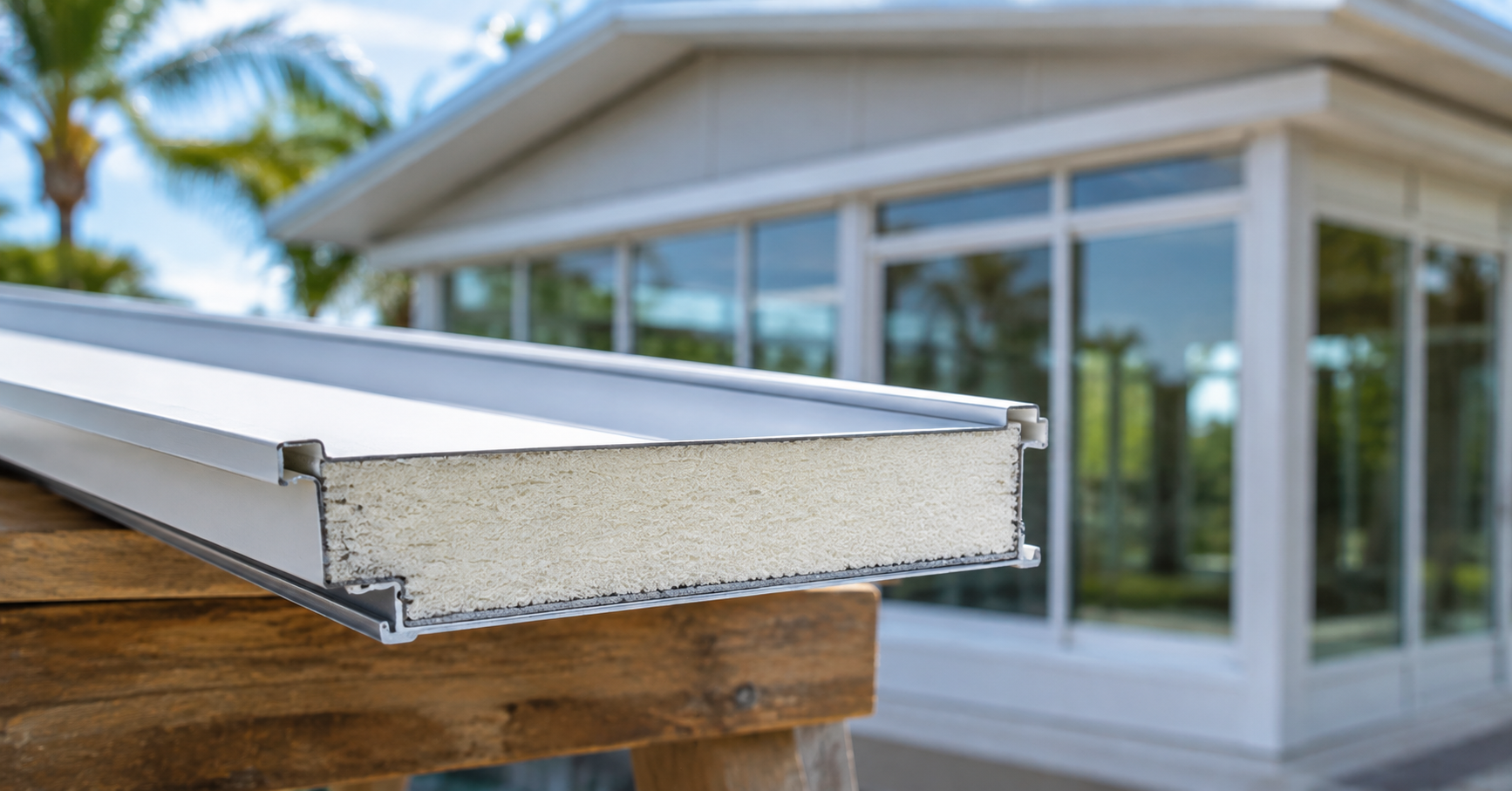 Cross-section illustration of an insulated aluminum roof panel on a Florida Room, showing the foam core between aluminum skins.