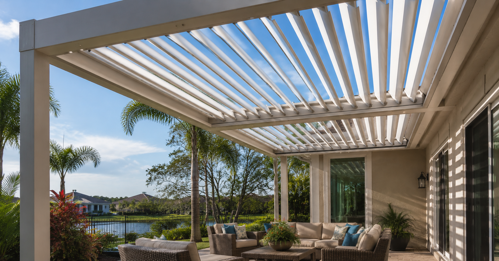 Aluminum pergola with a louvered roof partially open, showing rotating slats on a Northwest Florida patio.