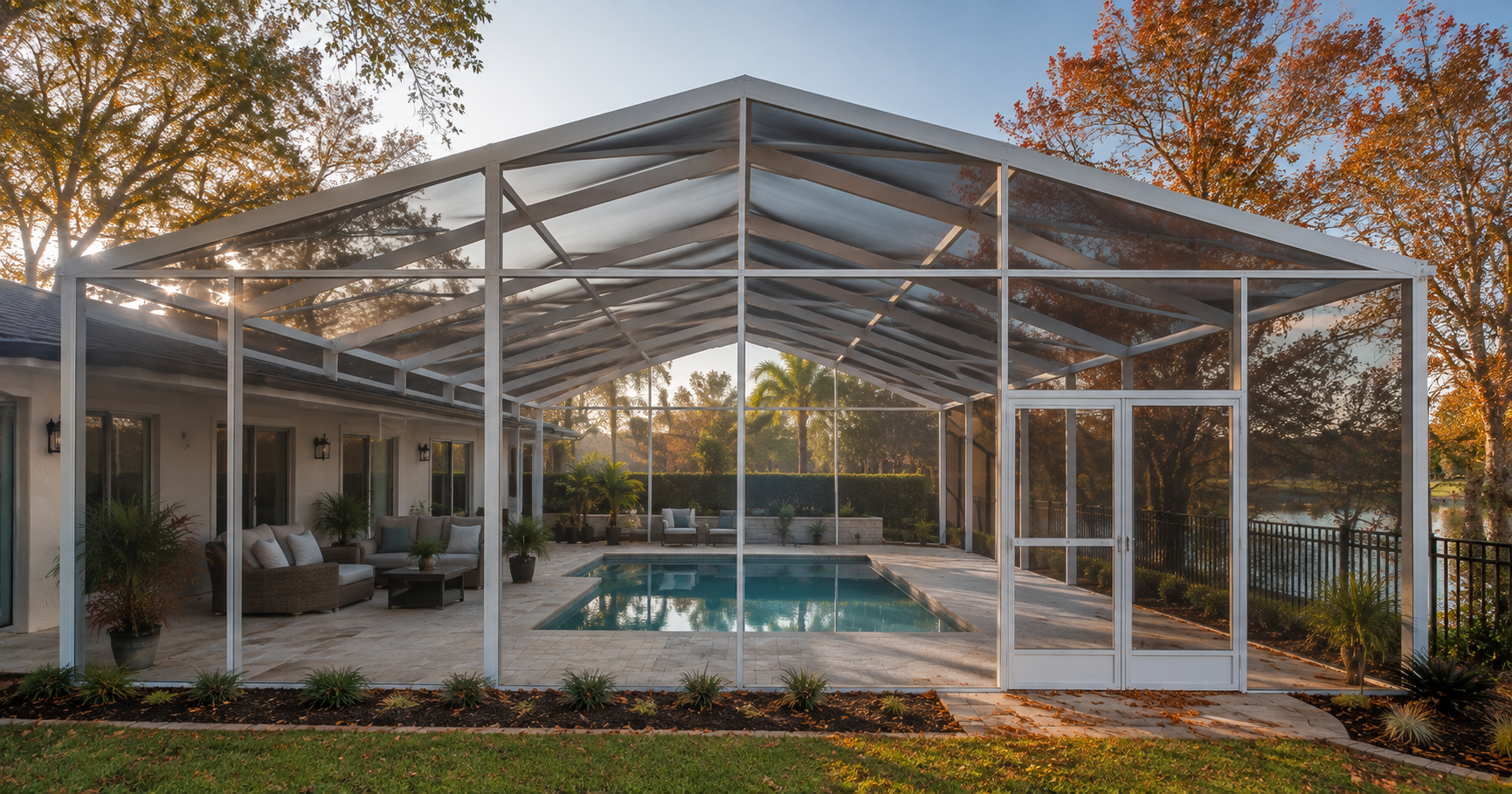 Northwest Florida home with a finished pool enclosure in late fall, illustrating seasonal timing for outdoor structure projects.