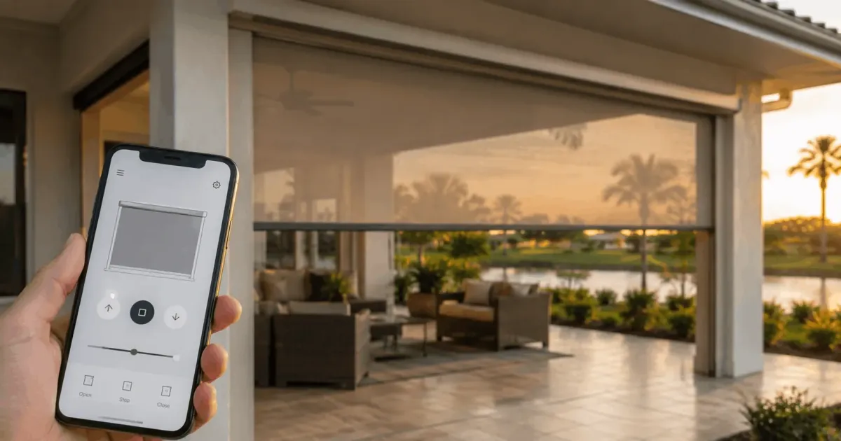 Hand holding a smartphone app controlling a motorized retractable screen over a waterfront patio in Destin, Florida by Aluminum Building Systems