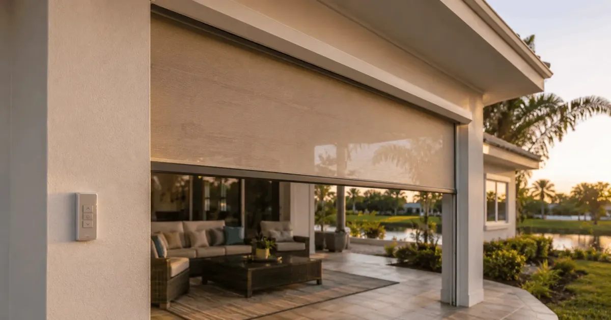 Motorized retractable screen partially lowered over a lanai with a wall-mounted control switch in Crystal Beach, Destin, Florida by Aluminum Building Systems