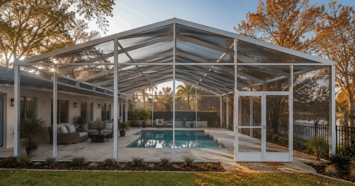Completed pool enclosure with gable roof and fall foliage in the background in Niceville, Florida by Aluminum Building Systems