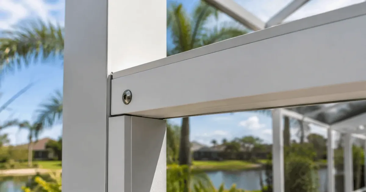 Close-up of an aluminum pergola beam joint and fastener with a waterfront view behind it in Navarre, Florida by Aluminum Building Systems
