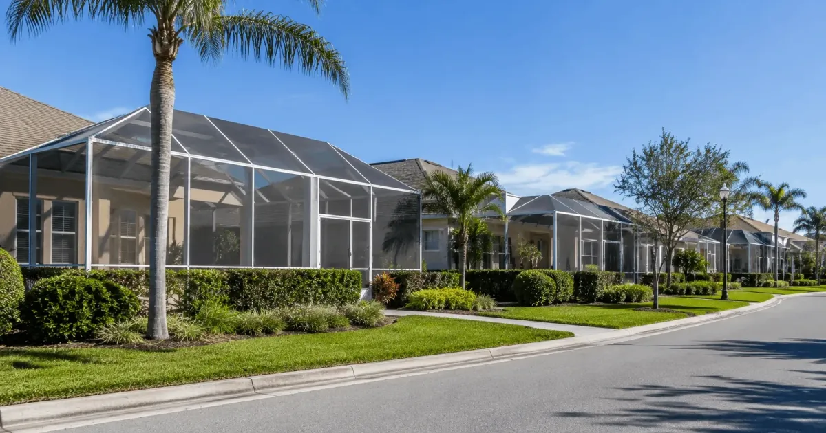 Row of homes with matching pool screen enclosures along a landscaped street in Crestview, Florida by Aluminum Building Systems