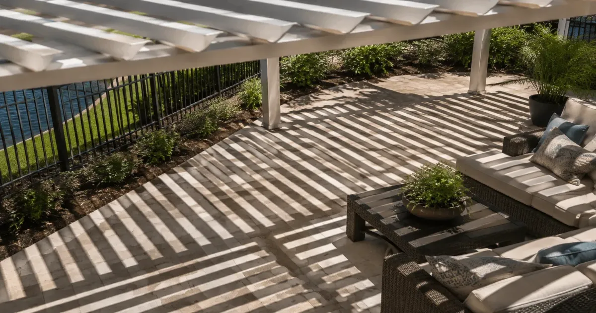 Aluminum pergola casting striped shade patterns across a patio seating area in Santa Rosa County, Florida by Aluminum Building Systems