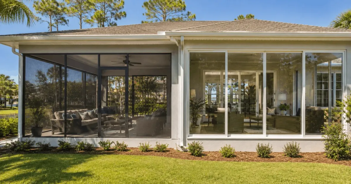 Attached sunroom with glass walls next to a screened porch section on the same home in Panama City, Florida by Aluminum Building Systems
