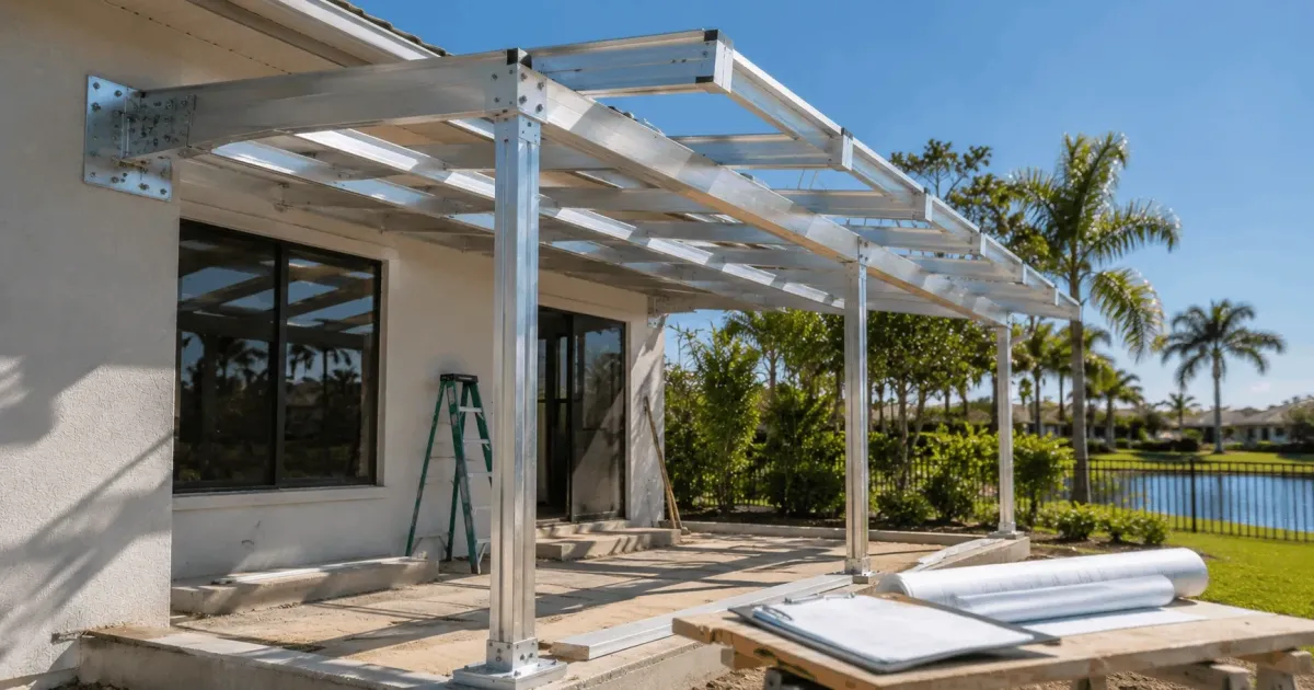 Attached aluminum patio cover frame under construction with rolled screen materials in Okaloosa County, Florida by Aluminum Building Systems