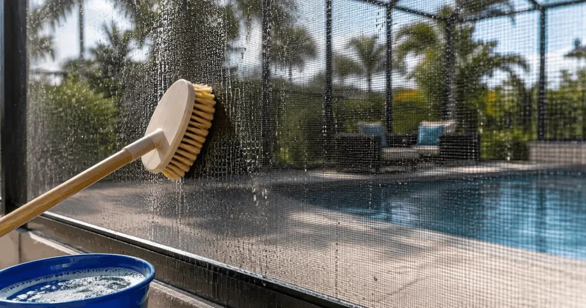 Soft-bristle brush and soapy water cleaning love bug residue off a pool screen enclosure in Fort Walton Beach, Florida by Aluminum Building Systems