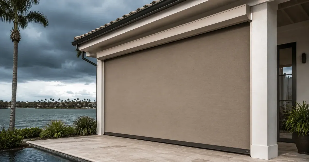 Motorized hurricane screen deployed over a lanai during storm conditions in Navarre, Florida by Aluminum Building Systems