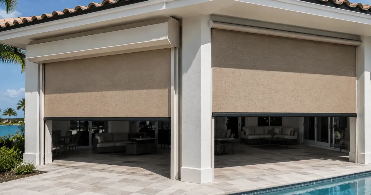 Two Fenetex motorized screens partially lowered over a poolside patio opening in Niceville, Florida by Aluminum Building Systems