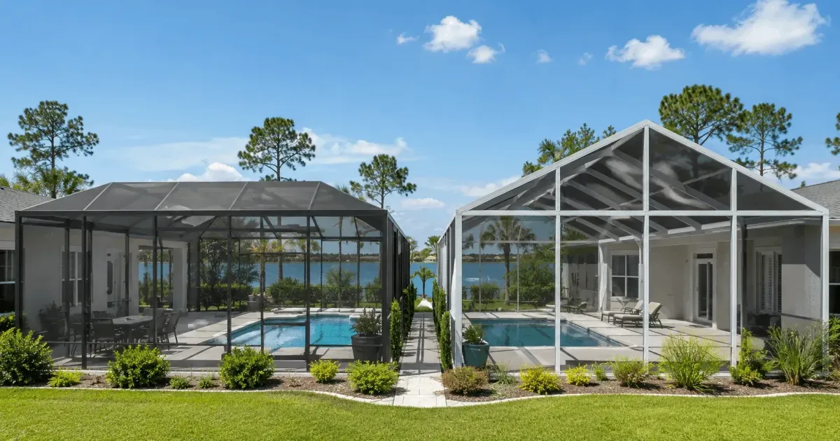 Dual-roof pool enclosure with gable and mansard-style sections built by Aluminum Building Systems in Santa Rosa Beach, Florida