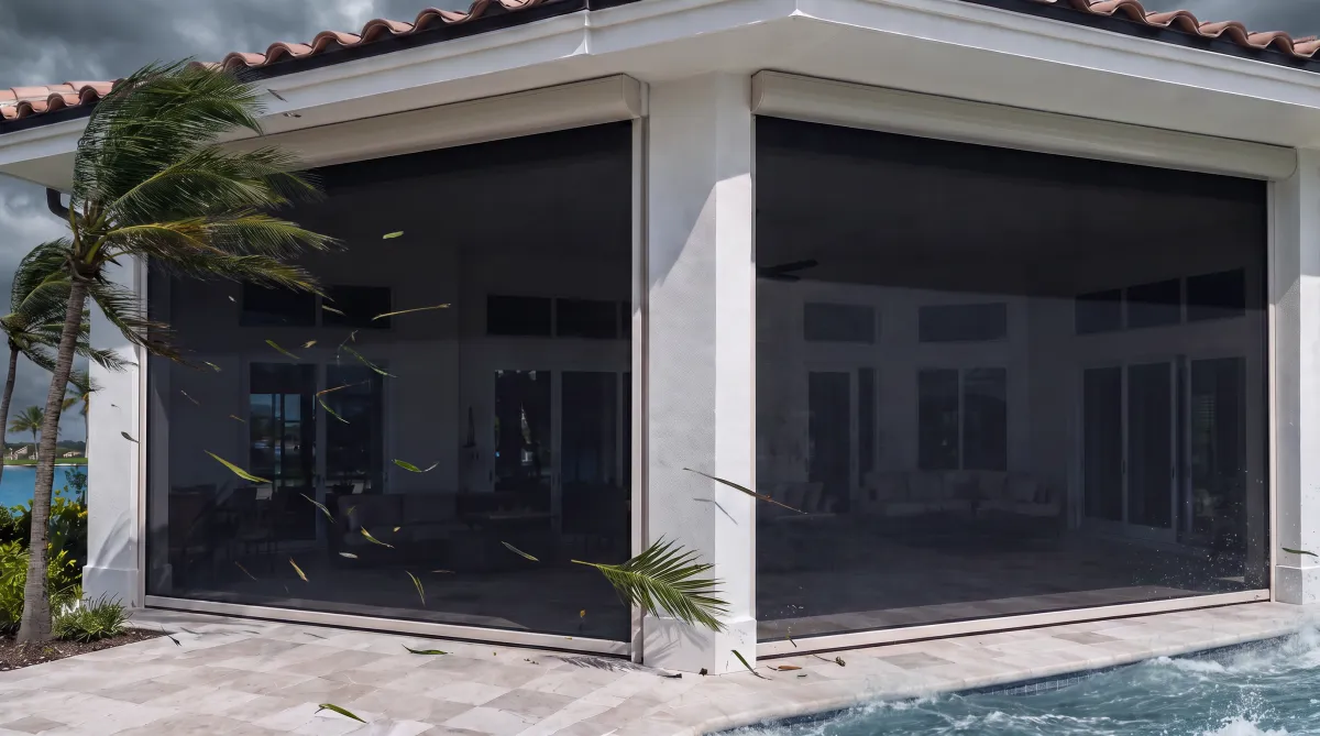 Side-by-side comparison of Fenetex MaxForce 185 MPH hurricane screen and standard Fenetex 100 MPH retractable screen on a Northwest Florida patio.