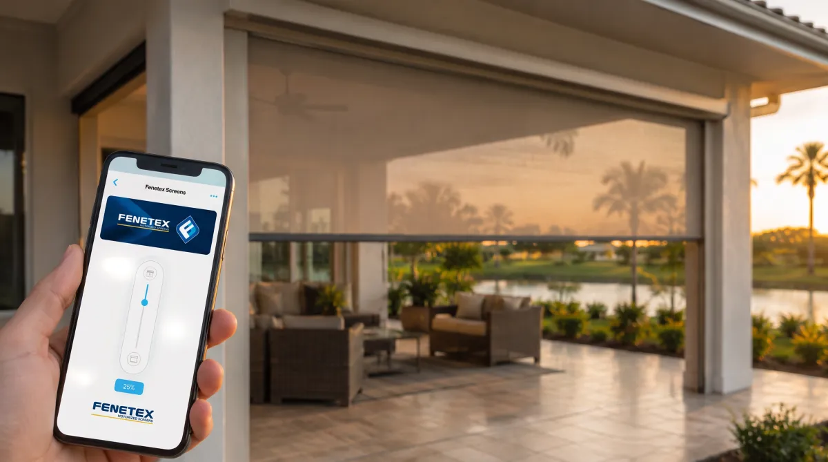Close-up of a hand holding a smartphone running the Fenetex Screens app, slider set to 25%, in front of a modern lanai where a motorized screen is partly lowered over the patio, with wicker furniture, palms, and a lake at sunset behind it