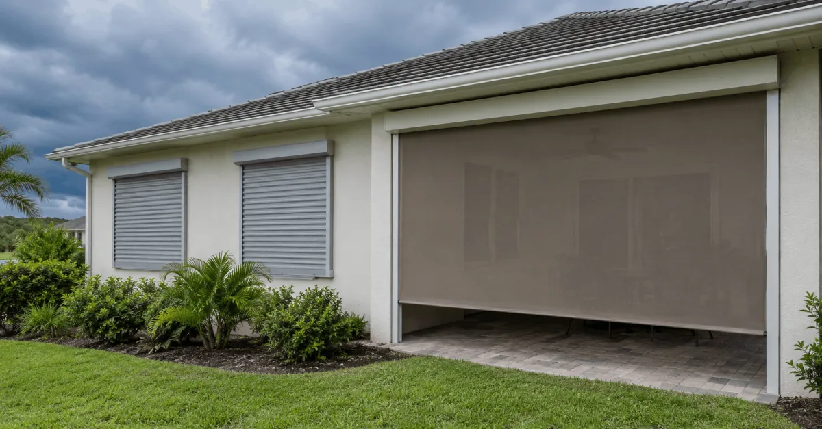 Roll-down shutters and a motorized patio screen in Milton, Florida by Aluminum Building Systems