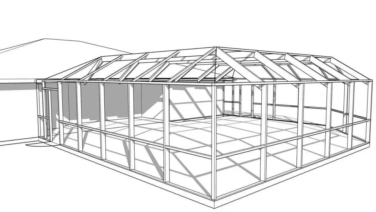 3D CAD model of a mansard pool enclosure attached at the eave, designed by Aluminum Building Systems for a Lynn Haven, FL home