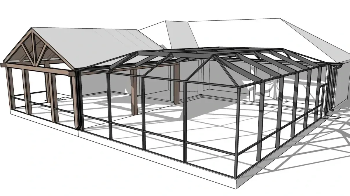 3D model of a mansard pool enclosure tied into a covered gable porch roof, designed by Aluminum Building Systems for a Destin, FL home