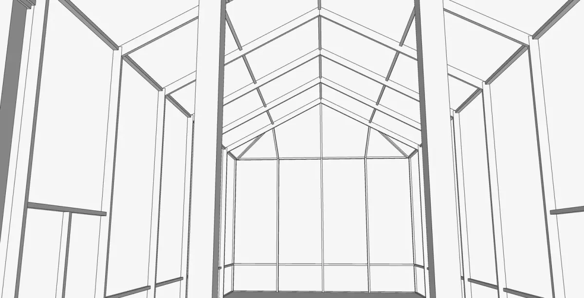 3D CAD model of a peak roof pool enclosure over a lap pool, designed by Aluminum Building Systems for a Santa Rosa Beach, FL home