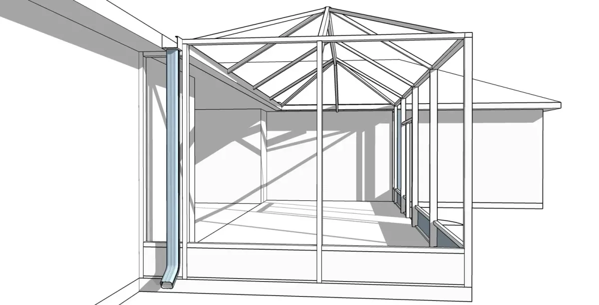 3D model of a lazy hip pool enclosure attached to a two-story home, designed by Aluminum Building Systems for a Panama City Beach, FL home