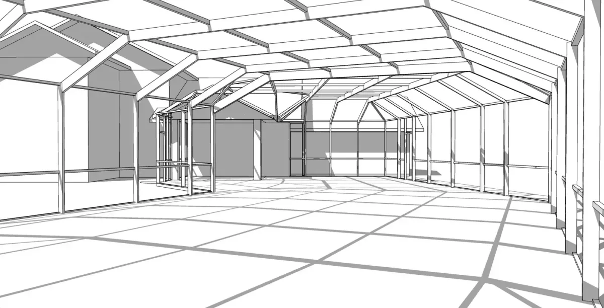 3D model of a long custom roofline pool enclosure with stepped sections, designed by Aluminum Building Systems for a Miramar Beach, FL home