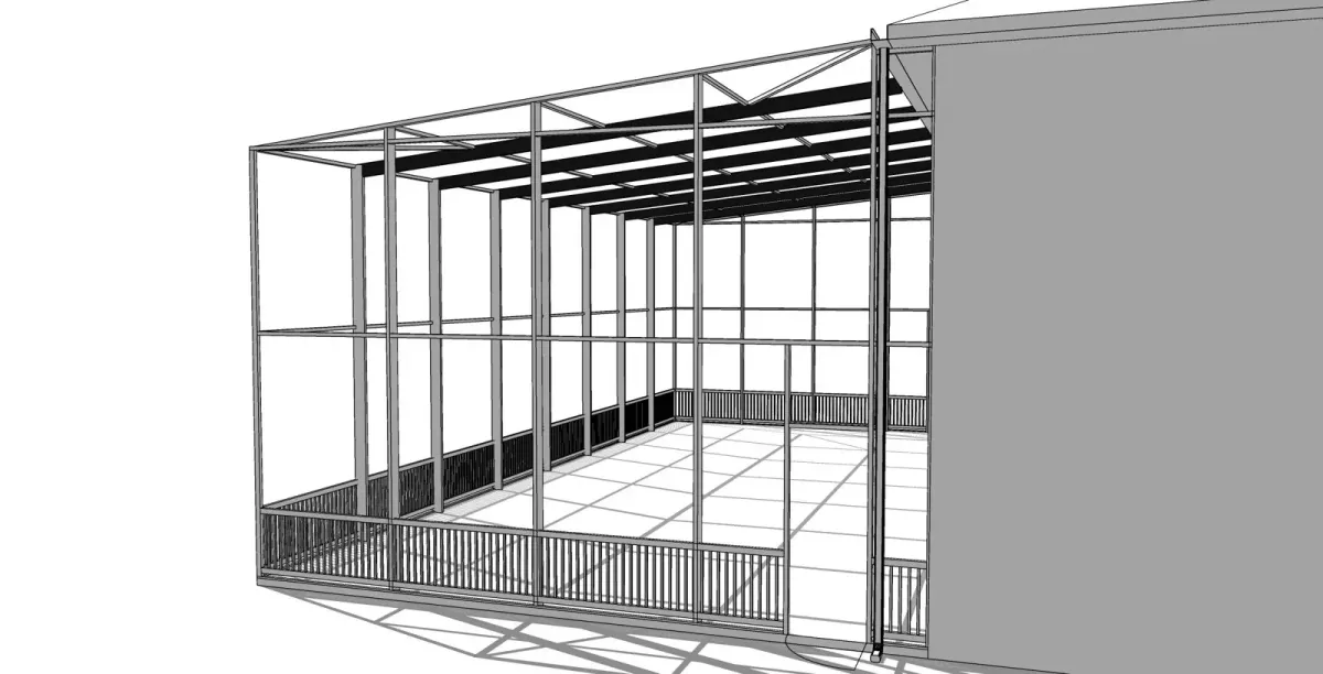 3D CAD model of a mono-slope screen enclosure off a two-story home, designed by Aluminum Building Systems for a Freeport, FL home