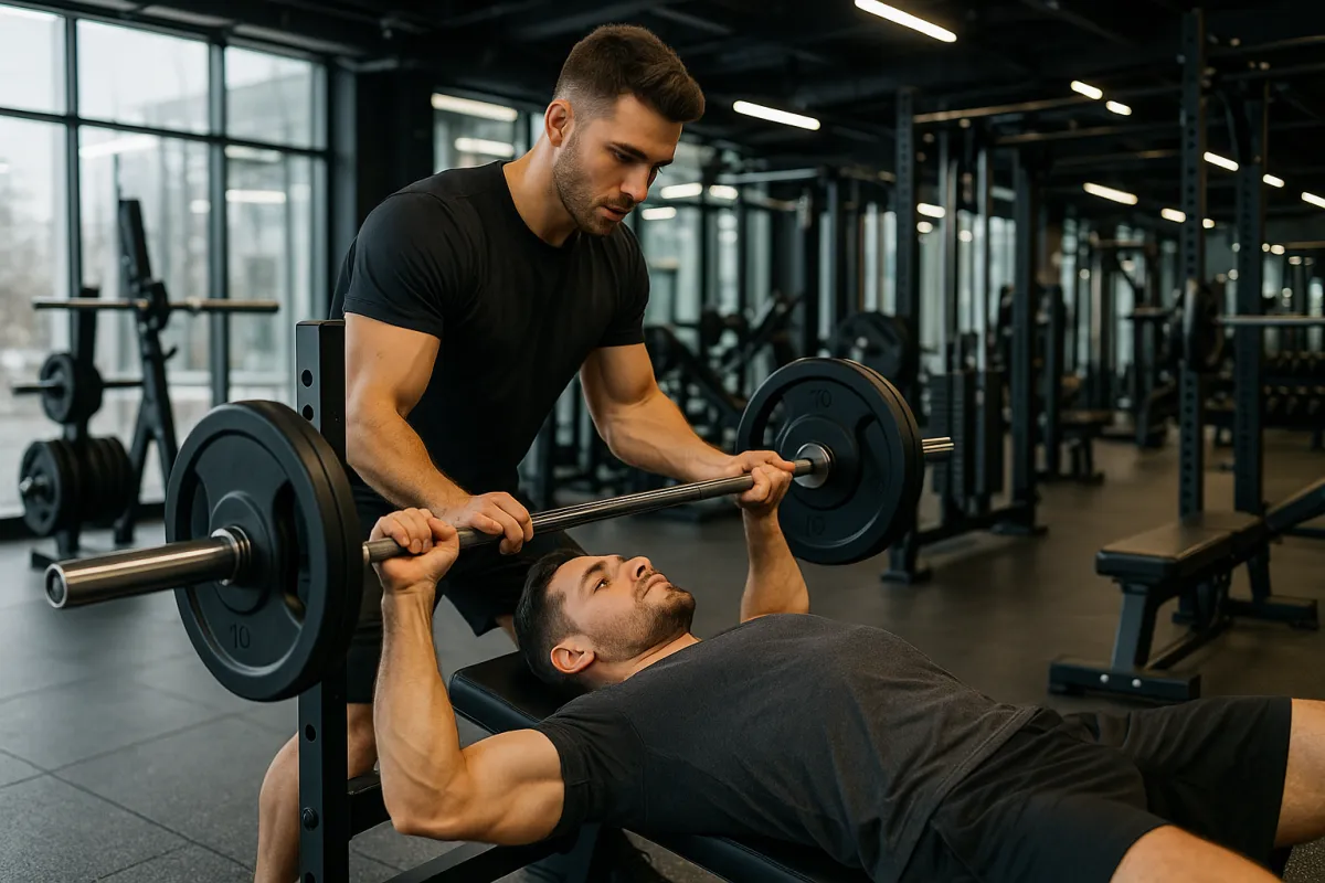Gyms & fitness centres: Personal trainer spotting a man during a bench-press in a modern gym.