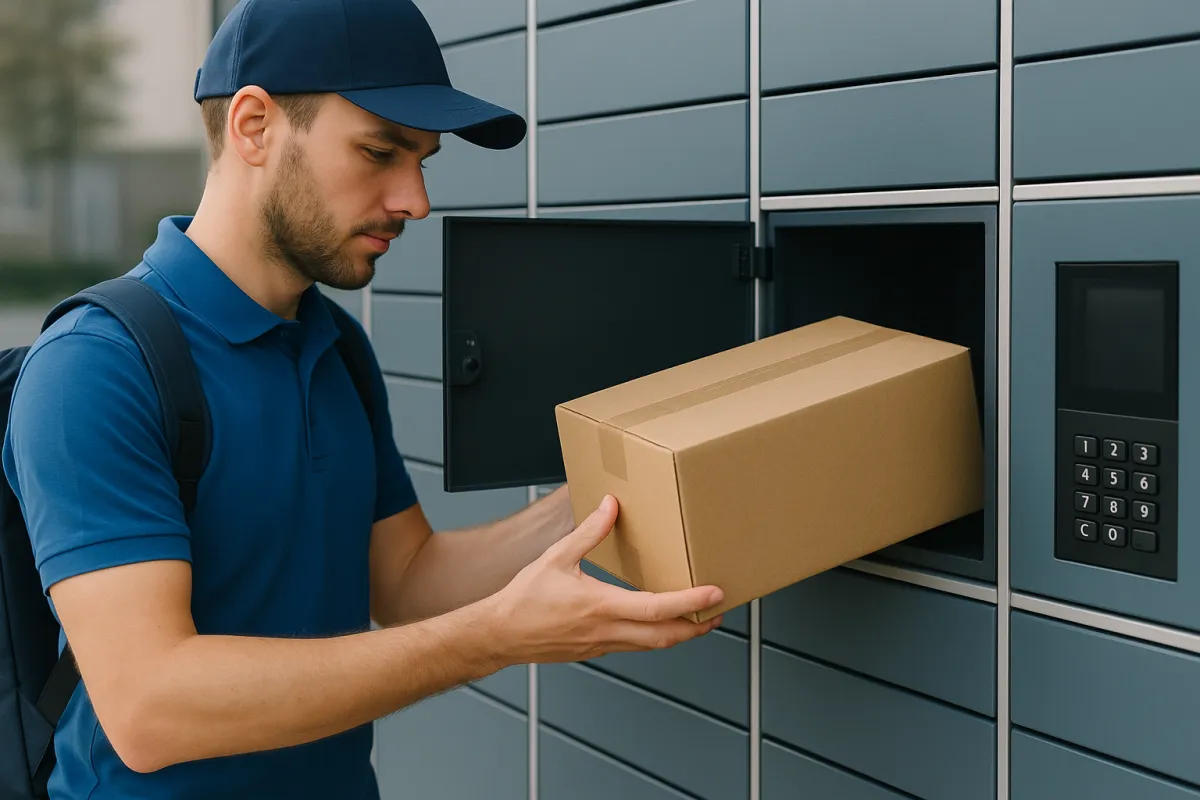 Couriers: Delivery worker placing a small parcel into a bank of self-service lockers.