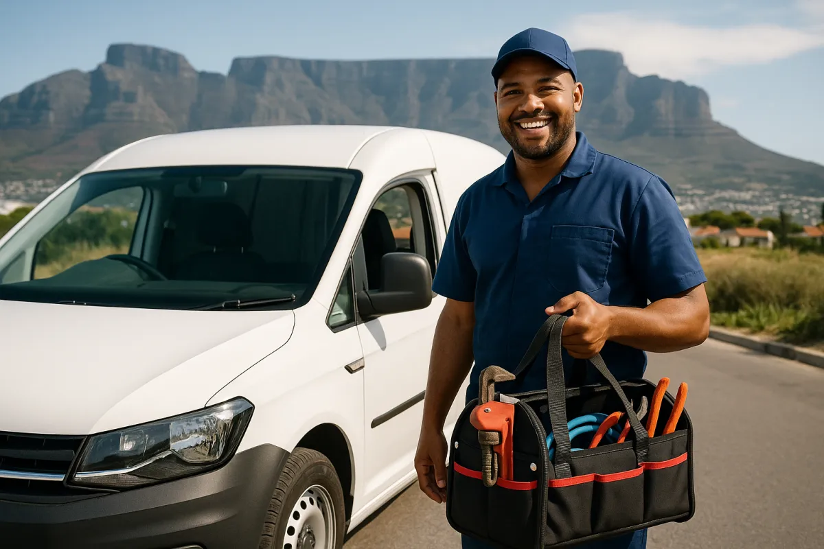 South African plumber standing beside a white bakkie (work van) with mountains in the background, holding a tool bag.