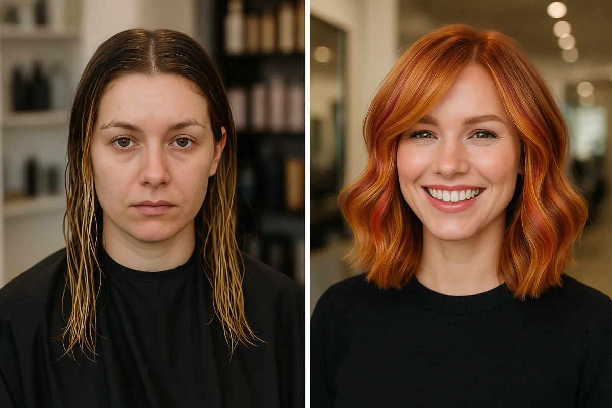 Two women in a hair salon studio, shoulder-length hair, neutral portraits before styling.