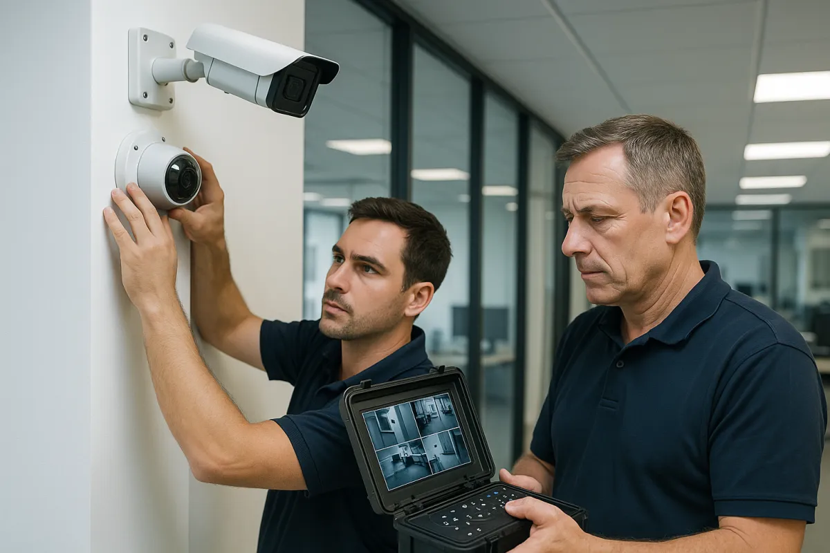 Home & business security installers: Technicians mounting and configuring a CCTV camera on an interior wall, one checking a laptop.