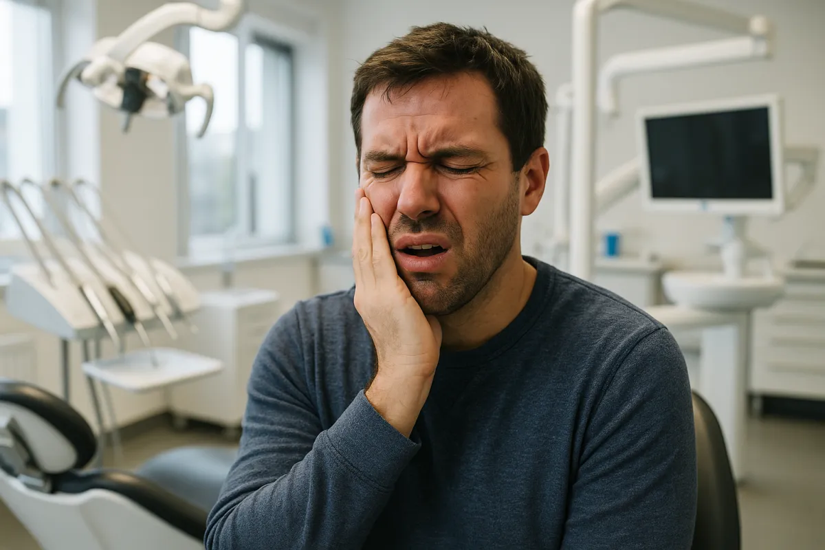 Man holding his cheek in a modern dental surgery, dentist’s equipment in the background.