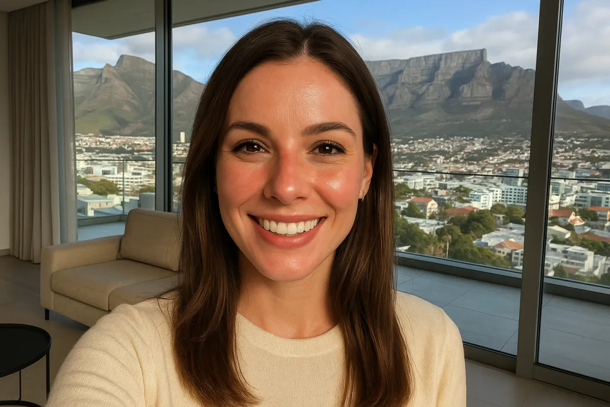 Smiling woman in a medical aesthetics clinic with a city-and-mountain view through the window.