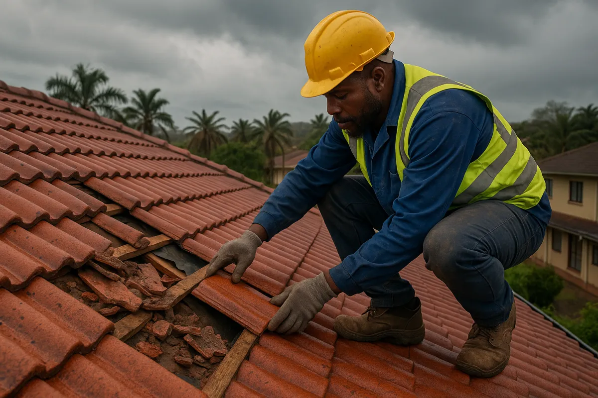 Roofing & waterproofing contractors: Roofer in safety gear sealing a red tiled roof on a suburban house.