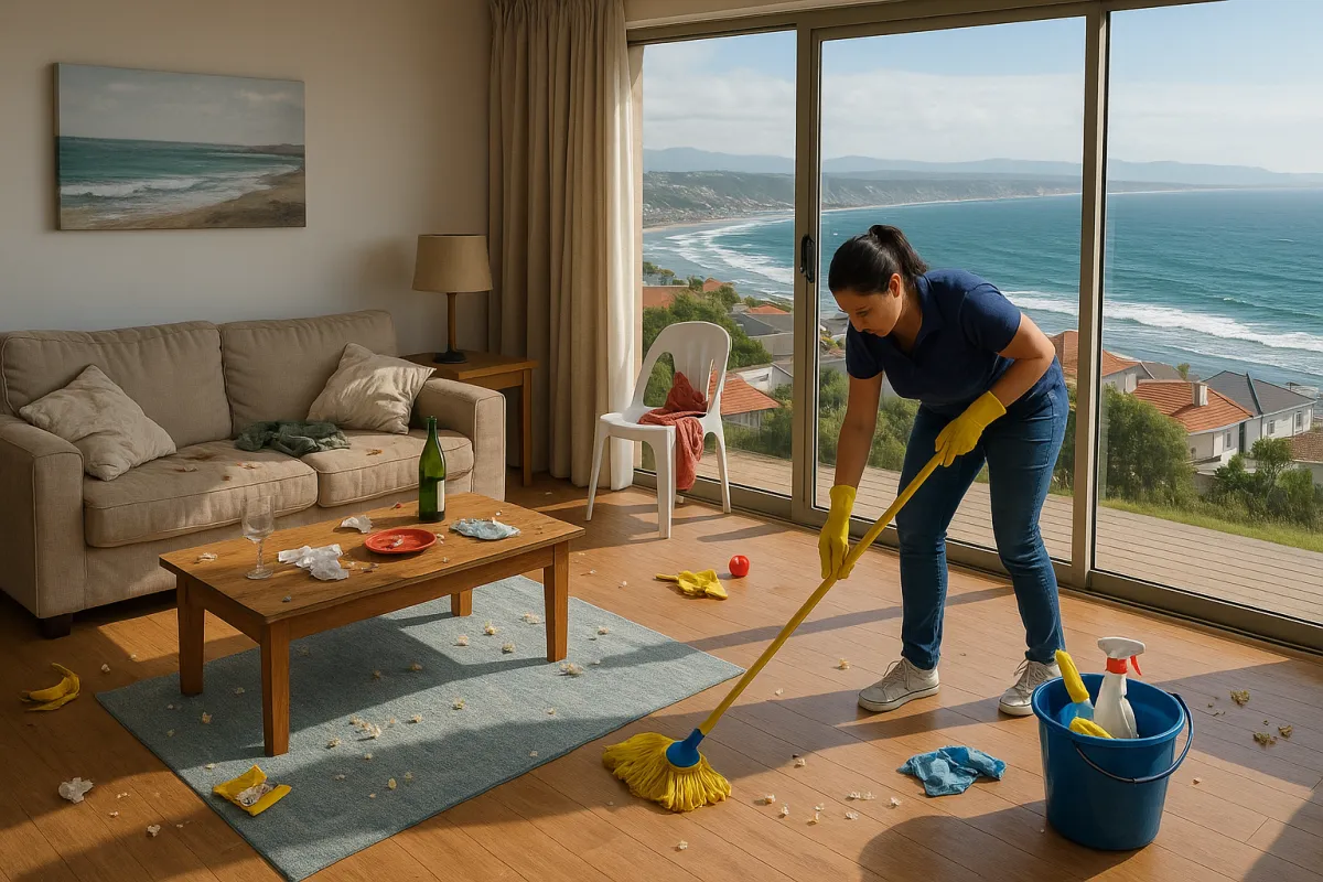 Residential cleaning services: Domestic cleaner mopping a lounge floor in a modern apartment with bucket and supplies.