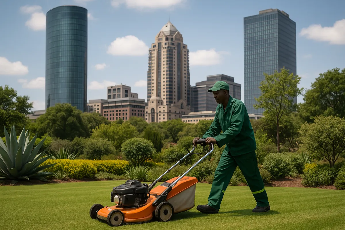 Landscaping & garden services: Gardener pushing a lawnmower on a green lawn with a city skyline in the background.