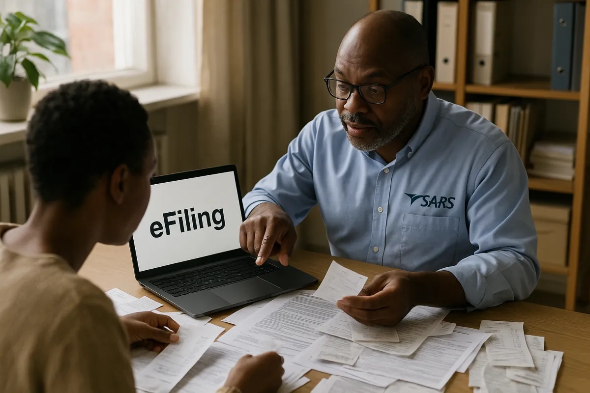 Accounting & tax practitioners: Accountant meeting with clients at a desk, reviewing tax documents on a laptop.